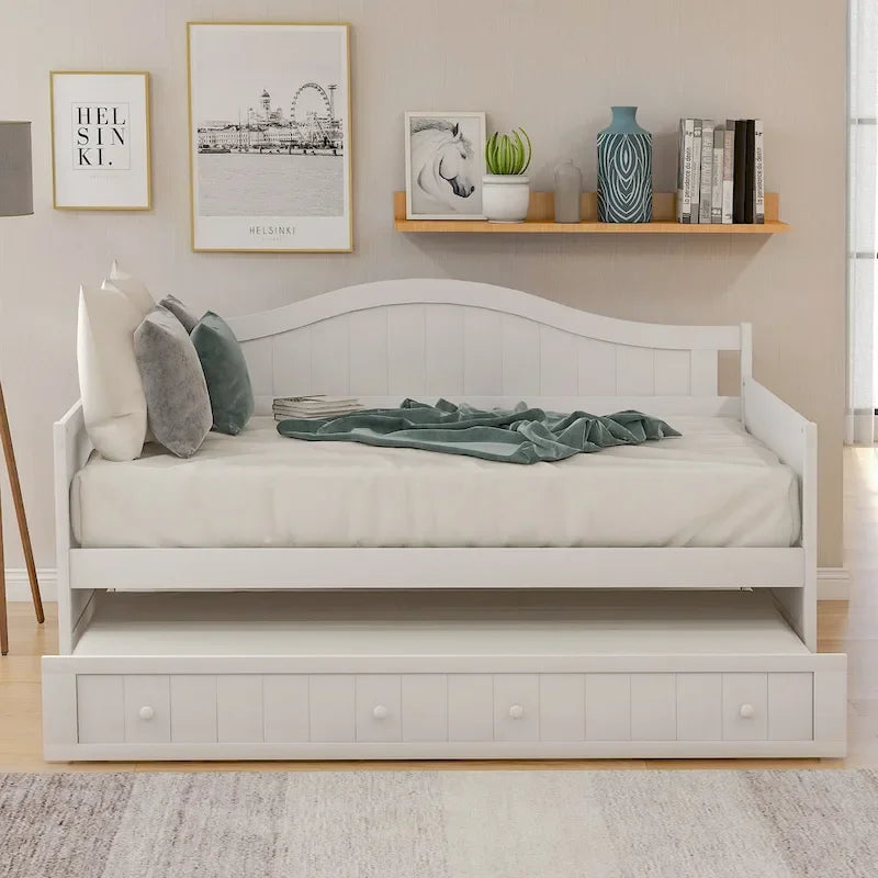 Letto a giorno in pino massello con letto estraibile, per due persone – Bianco / Grigio / Espresso
