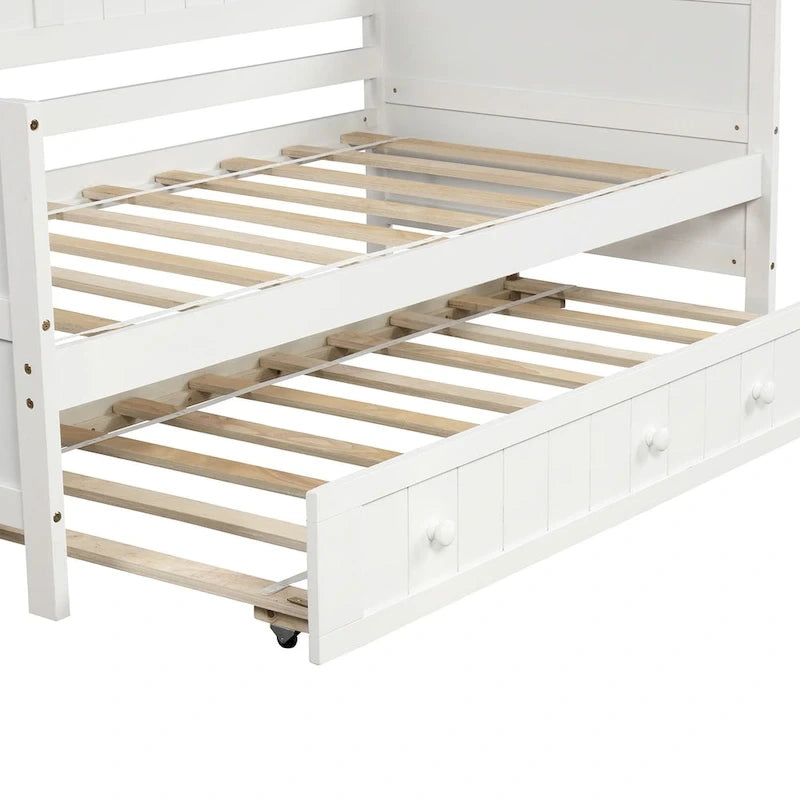 Letto a giorno in pino massello con letto estraibile, per due persone – Bianco / Grigio / Espresso