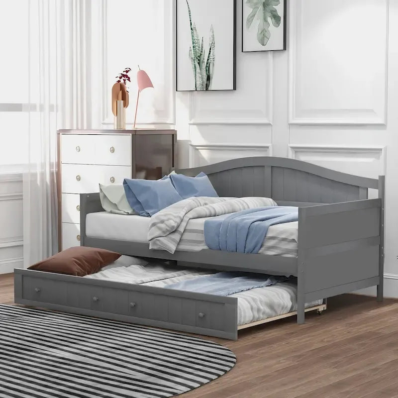 Letto a giorno in pino massello con letto estraibile, per due persone – Bianco / Grigio / Espresso