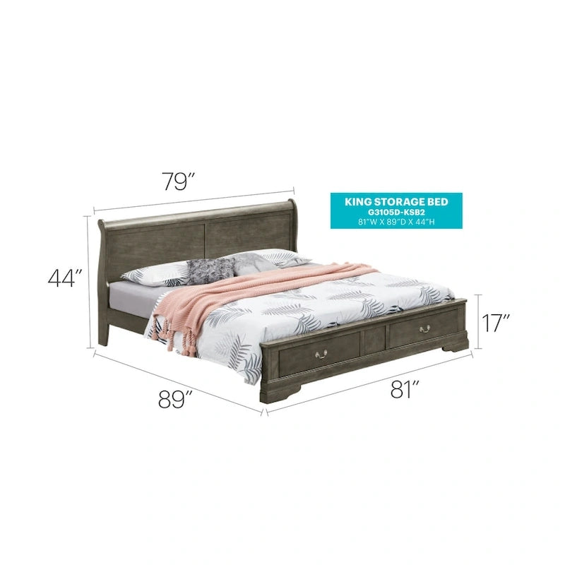 Letto King Storage Panel – Stile tradizionale, per 2 persone (Ciliegio / Bianco / Cappuccino / Nero / Grigio)