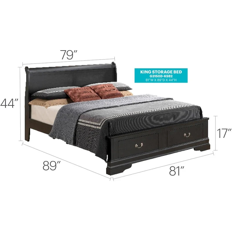 Letto King Storage Panel – Stile tradizionale, per 2 persone (Ciliegio / Bianco / Cappuccino / Nero / Grigio)