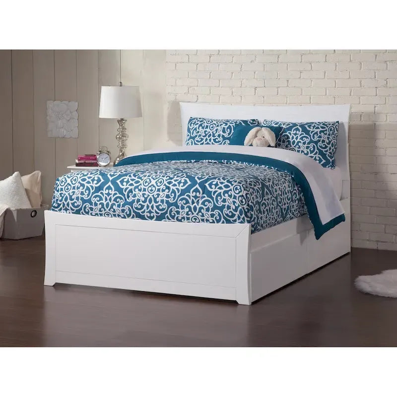 Letto a piattaforma matrimoniale bianco con pediera e 2 cassetti portaoggetti, per 1-2 persone
