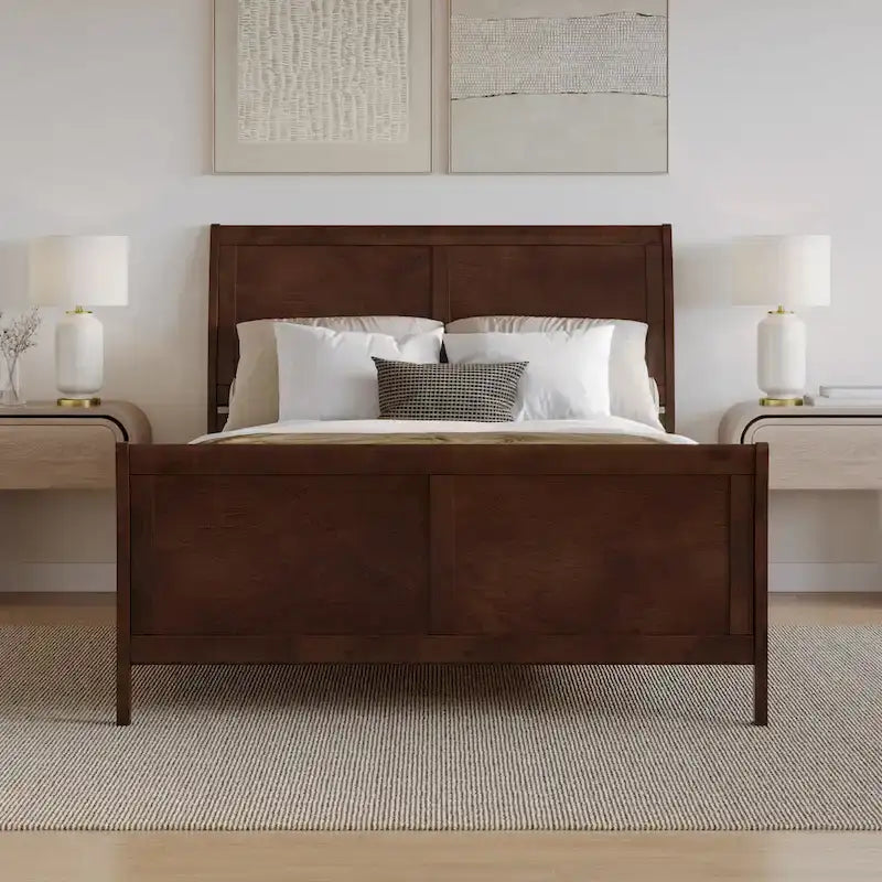 Letto a slitta a piattaforma bassa con pediera Bianco / Noce – Matrimoniale francese / Matrimoniale / King, 1 posto