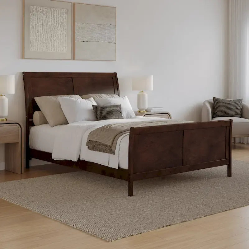 Letto a slitta a piattaforma bassa con pediera Bianco / Noce – Matrimoniale francese / Matrimoniale / King, 1 posto