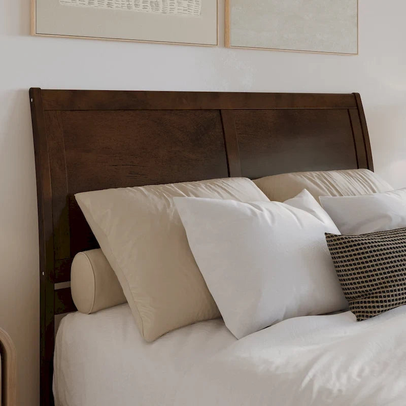 Letto a slitta a piattaforma bassa con pediera Bianco / Noce – Matrimoniale francese / Matrimoniale / King, 1 posto