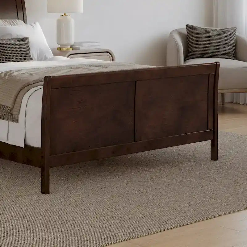Letto a slitta a piattaforma bassa con pediera Bianco / Noce – Matrimoniale francese / Matrimoniale / King, 1 posto