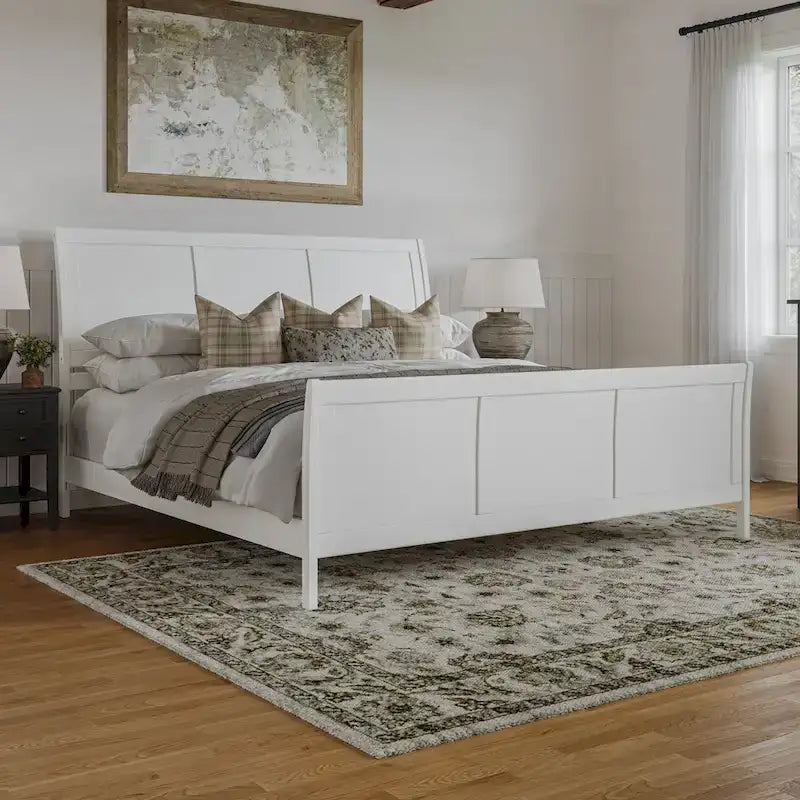 Letto a slitta a piattaforma bassa con pediera Bianco / Noce – Matrimoniale francese / Matrimoniale / King, 1 posto