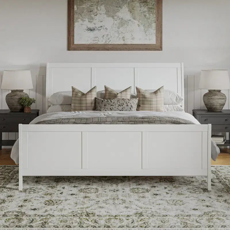 Letto a slitta a piattaforma bassa con pediera Bianco / Noce – Matrimoniale francese / Matrimoniale / King, 1 posto