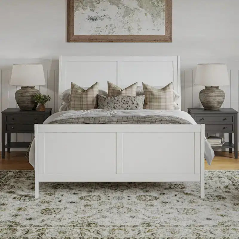 Letto a slitta a piattaforma bassa con pediera Bianco / Noce – Matrimoniale francese / Matrimoniale / King, 1 posto