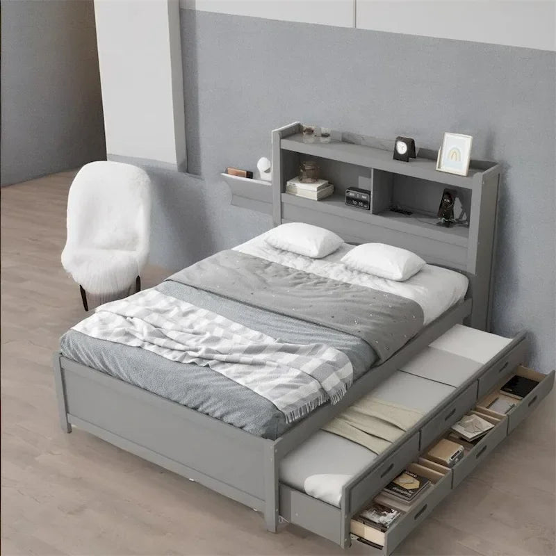 Letto a piattaforma completo grigio/bianco con letto estraibile, cassetti e porte USB – Posti letto per 2