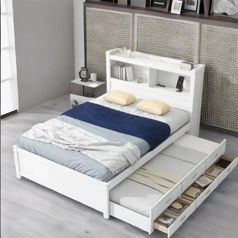 Letto a piattaforma completo grigio/bianco con letto estraibile, cassetti e porte USB – Posti letto per 2