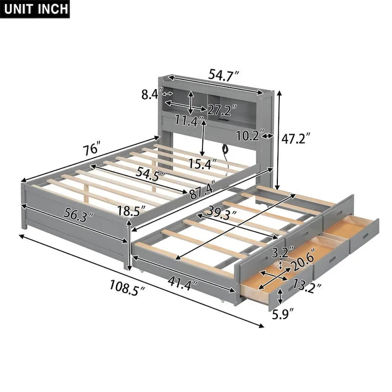 Letto a piattaforma completo grigio/bianco con letto estraibile, cassetti e porte USB – Posti letto per 2