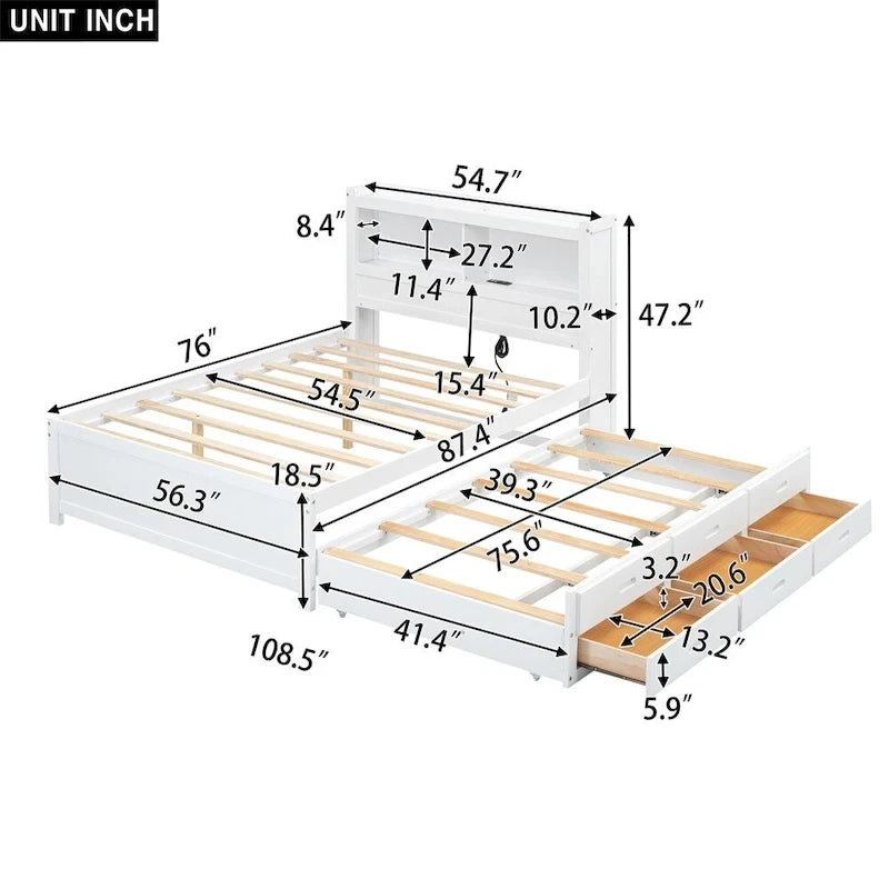 Letto a piattaforma completo grigio/bianco con letto estraibile, cassetti e porte USB – Posti letto per 2