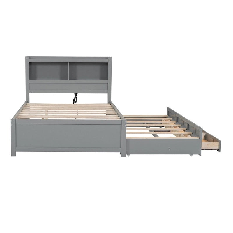 Letto a piattaforma completo grigio/bianco con letto estraibile, cassetti e porte USB – Posti letto per 2