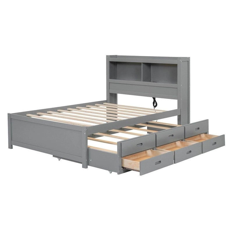 Letto a piattaforma completo grigio/bianco con letto estraibile, cassetti e porte USB – Posti letto per 2