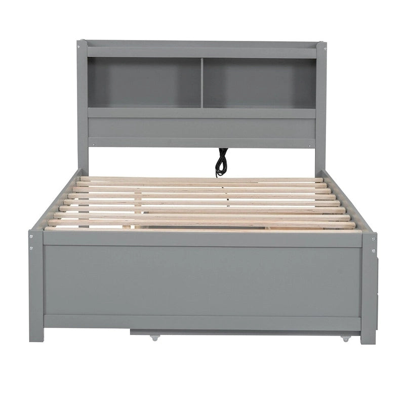 Letto a piattaforma completo grigio/bianco con letto estraibile, cassetti e porte USB – Posti letto per 2