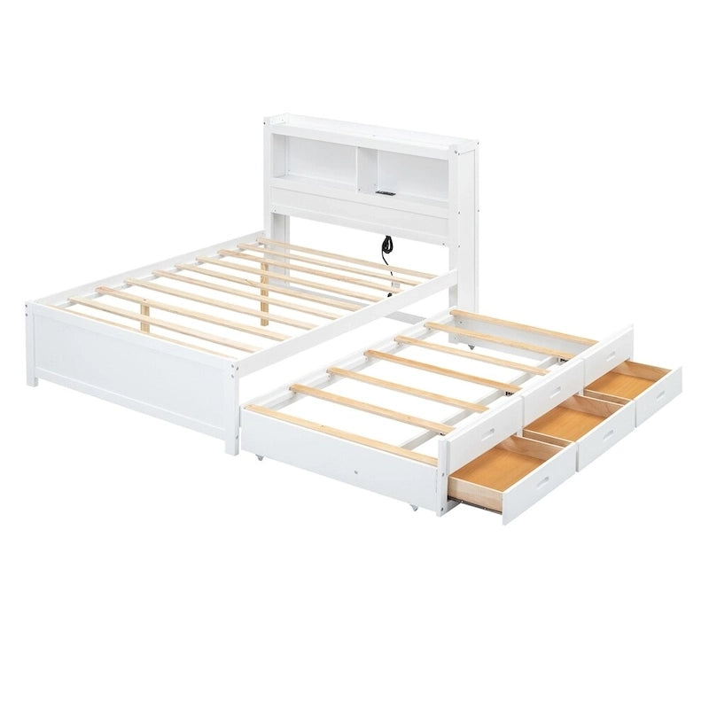 Letto a piattaforma completo grigio/bianco con letto estraibile, cassetti e porte USB – Posti letto per 2