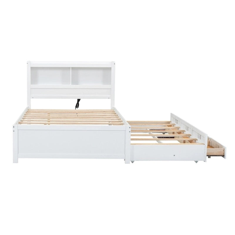 Letto a piattaforma completo grigio/bianco con letto estraibile, cassetti e porte USB – Posti letto per 2