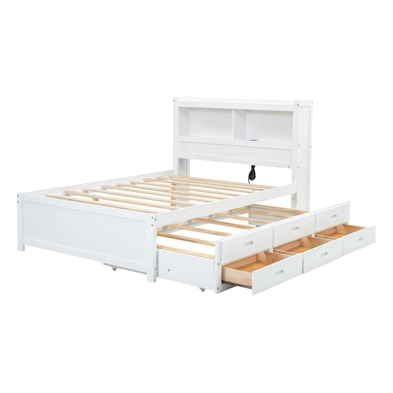 Letto a piattaforma completo grigio/bianco con letto estraibile, cassetti e porte USB – Posti letto per 2