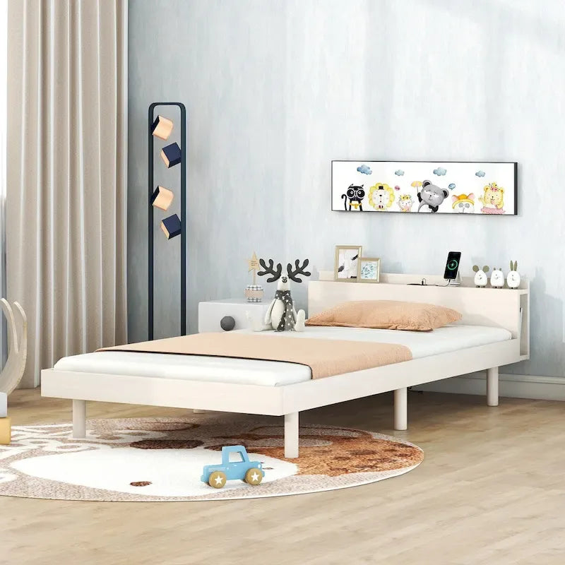 Struttura letto a piattaforma doppia (single) in noce / laccato bianco / grigio con porta USB, per 1 persona