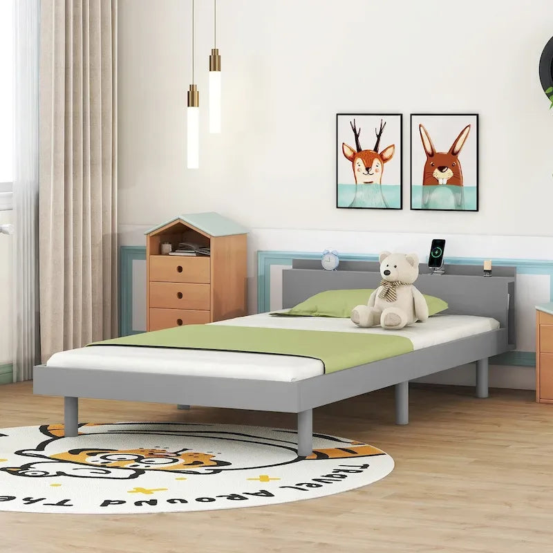 Struttura letto a piattaforma doppia (single) in noce / laccato bianco / grigio con porta USB, per 1 persona
