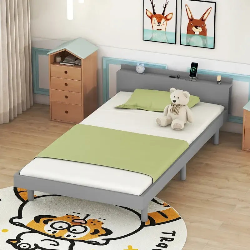 Struttura letto a piattaforma doppia (single) in noce / laccato bianco / grigio con porta USB, per 1 persona