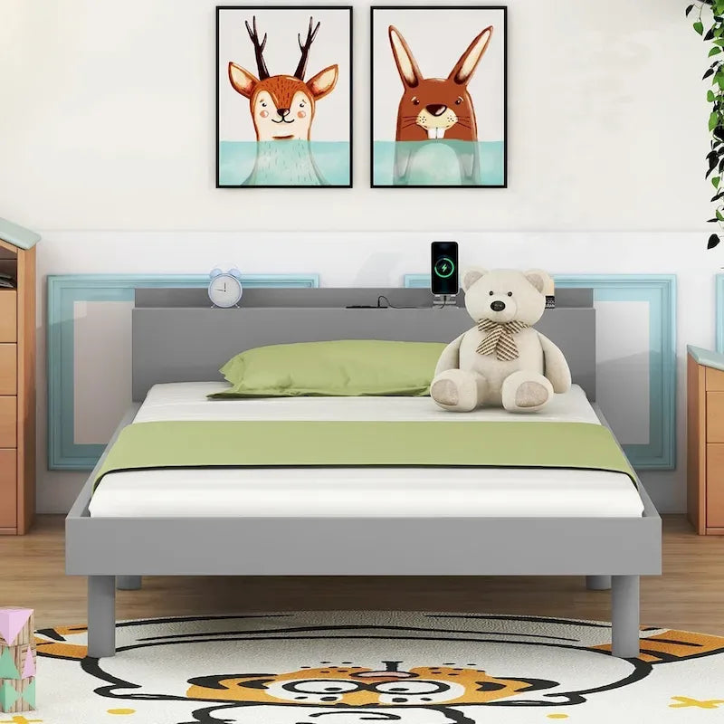 Struttura letto a piattaforma doppia (single) in noce / laccato bianco / grigio con porta USB, per 1 persona