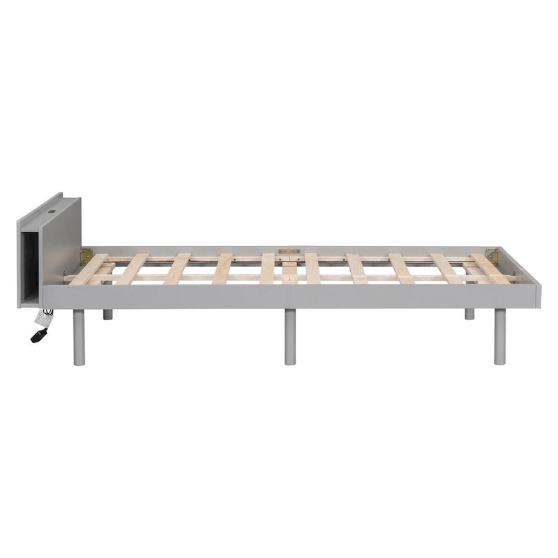 Struttura letto a piattaforma doppia (single) in noce / laccato bianco / grigio con porta USB, per 1 persona