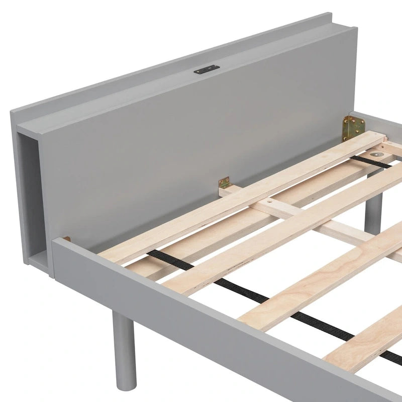 Struttura letto a piattaforma doppia (single) in noce / laccato bianco / grigio con porta USB, per 1 persona