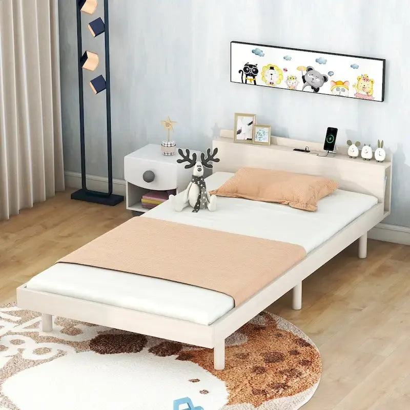 Struttura letto a piattaforma doppia (single) in noce / laccato bianco / grigio con porta USB, per 1 persona