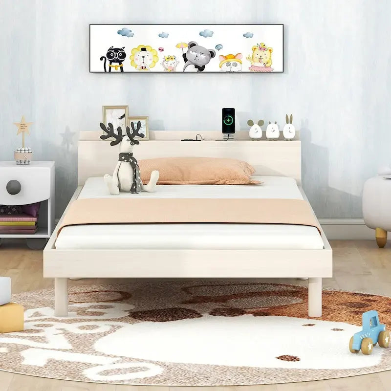 Struttura letto a piattaforma doppia (single) in noce / laccato bianco / grigio con porta USB, per 1 persona