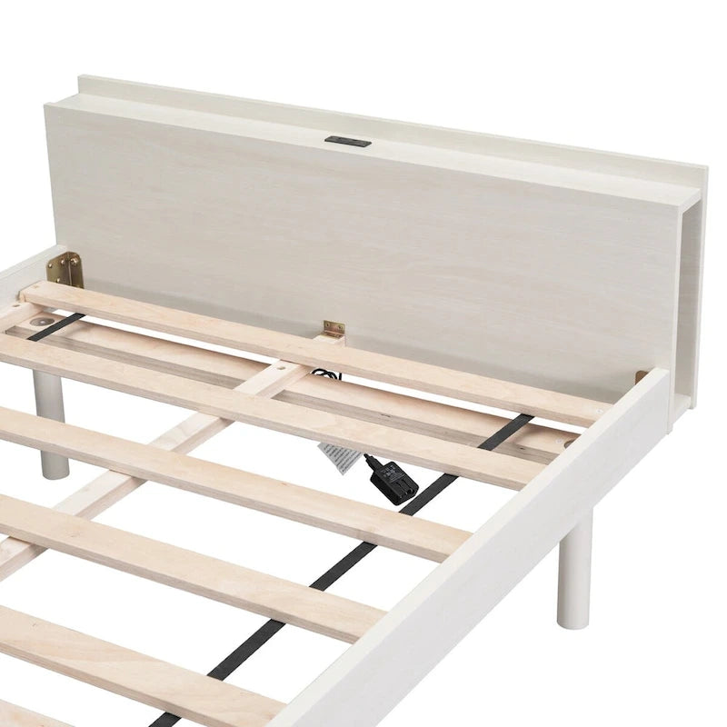 Struttura letto a piattaforma doppia (single) in noce / laccato bianco / grigio con porta USB, per 1 persona