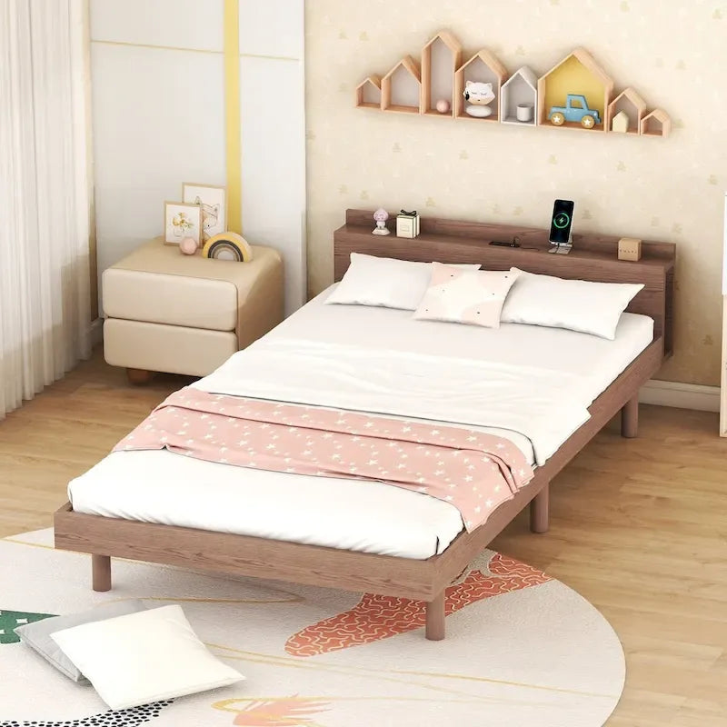 Struttura letto a piattaforma doppia (single) in noce / laccato bianco / grigio con porta USB, per 1 persona