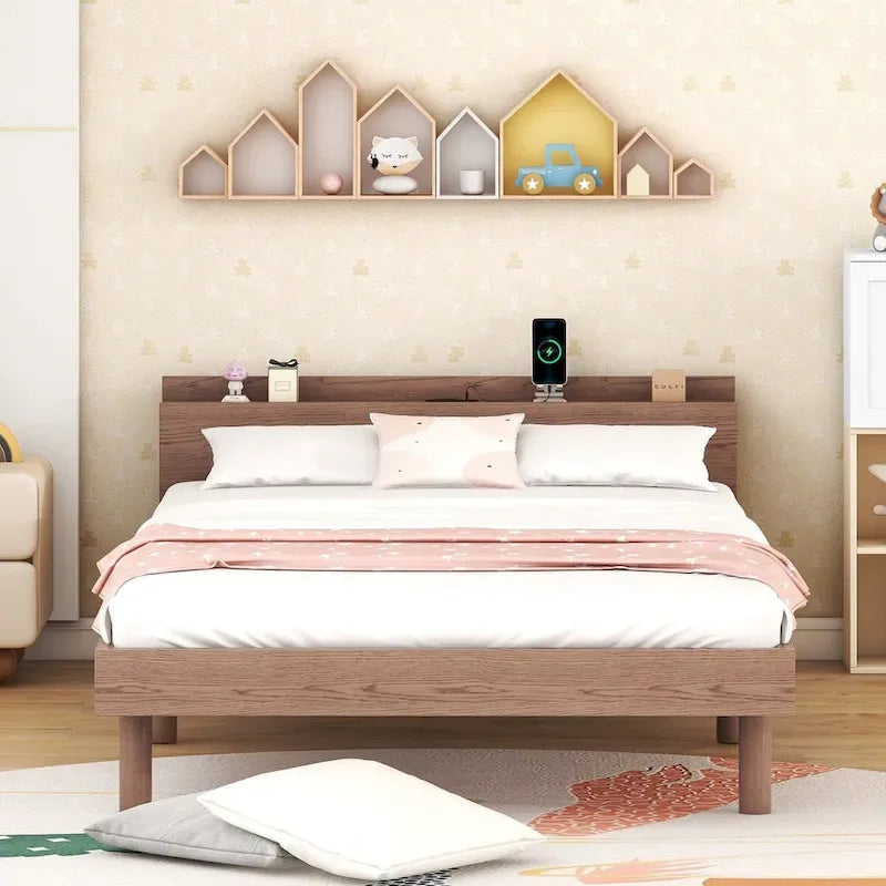 Struttura letto a piattaforma doppia (single) in noce / laccato bianco / grigio con porta USB, per 1 persona