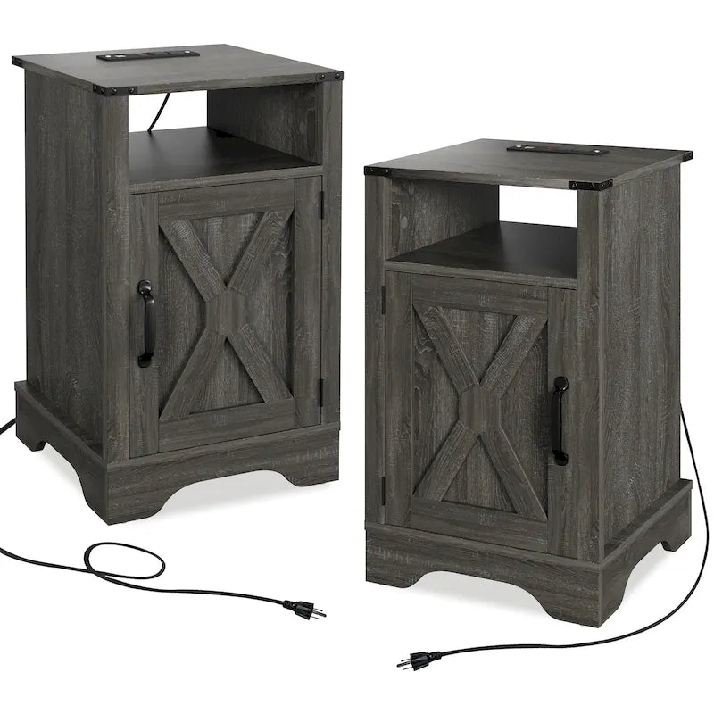 Comodino Barn Door con Stazione di Ricarica, Set da 2 – Bianco/Espresso, Mandorla, Grigio Carbone, Bianco, Nero