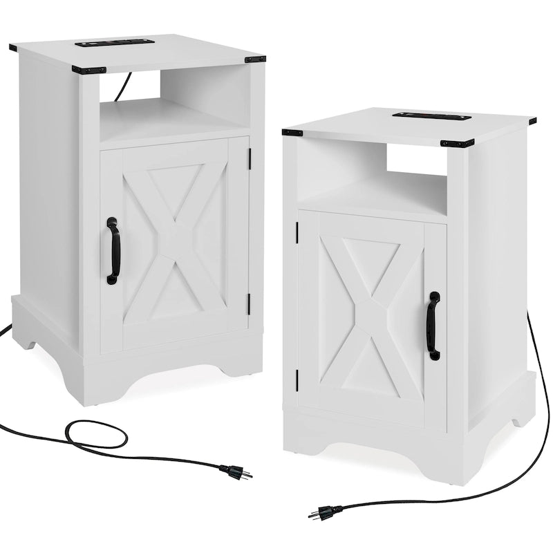 Comodino Barn Door con Stazione di Ricarica, Set da 2 – Bianco/Espresso, Mandorla, Grigio Carbone, Bianco, Nero