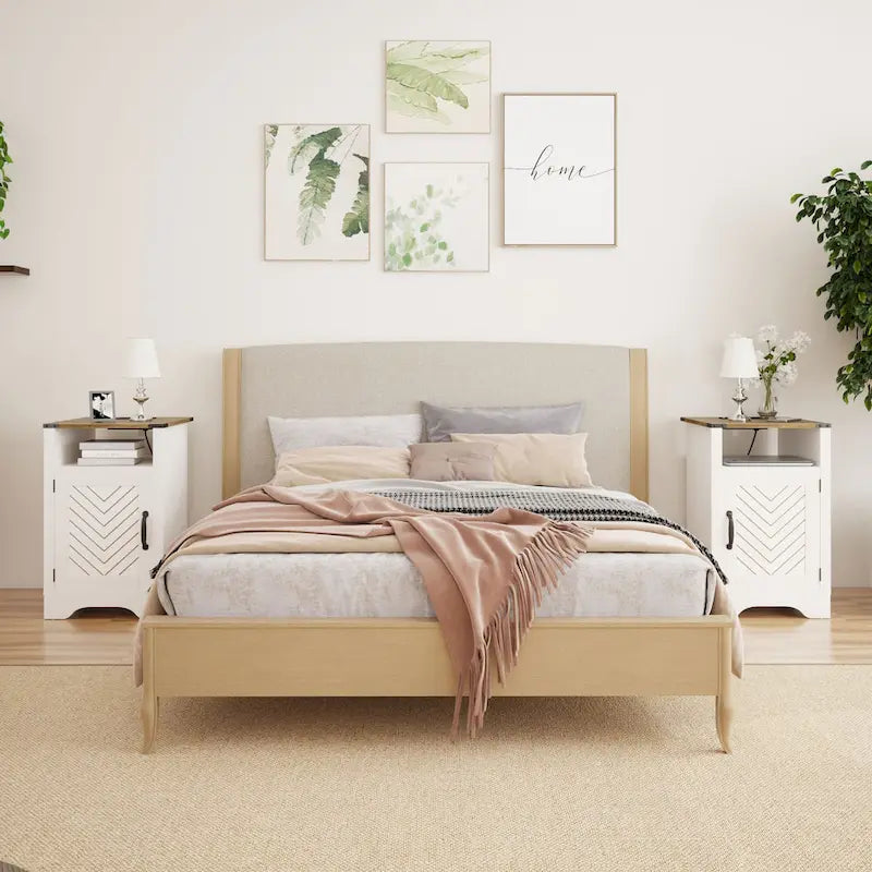 Comodino Barn Door con Stazione di Ricarica, Set da 2 – Bianco/Espresso, Mandorla, Grigio Carbone, Bianco, Nero