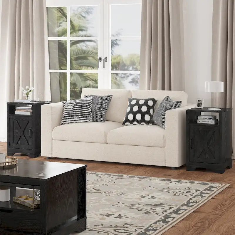 Comodino Barn Door con Stazione di Ricarica, Set da 2 – Bianco/Espresso, Mandorla, Grigio Carbone, Bianco, Nero