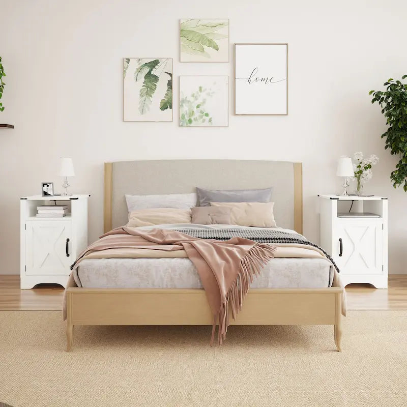 Comodino Barn Door con Stazione di Ricarica, Set da 2 – Bianco/Espresso, Mandorla, Grigio Carbone, Bianco, Nero