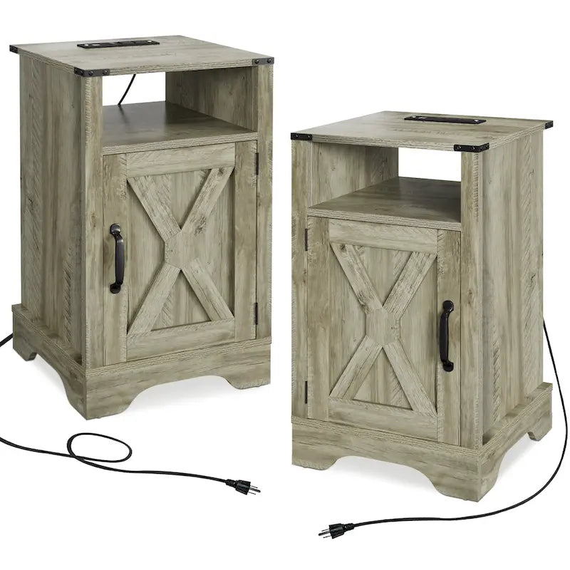 Comodino Barn Door con Stazione di Ricarica, Set da 2 – Bianco/Espresso, Mandorla, Grigio Carbone, Bianco, Nero
