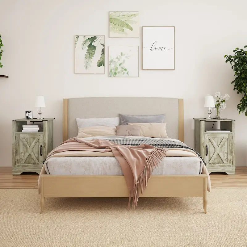 Comodino Barn Door con Stazione di Ricarica, Set da 2 – Bianco/Espresso, Mandorla, Grigio Carbone, Bianco, Nero