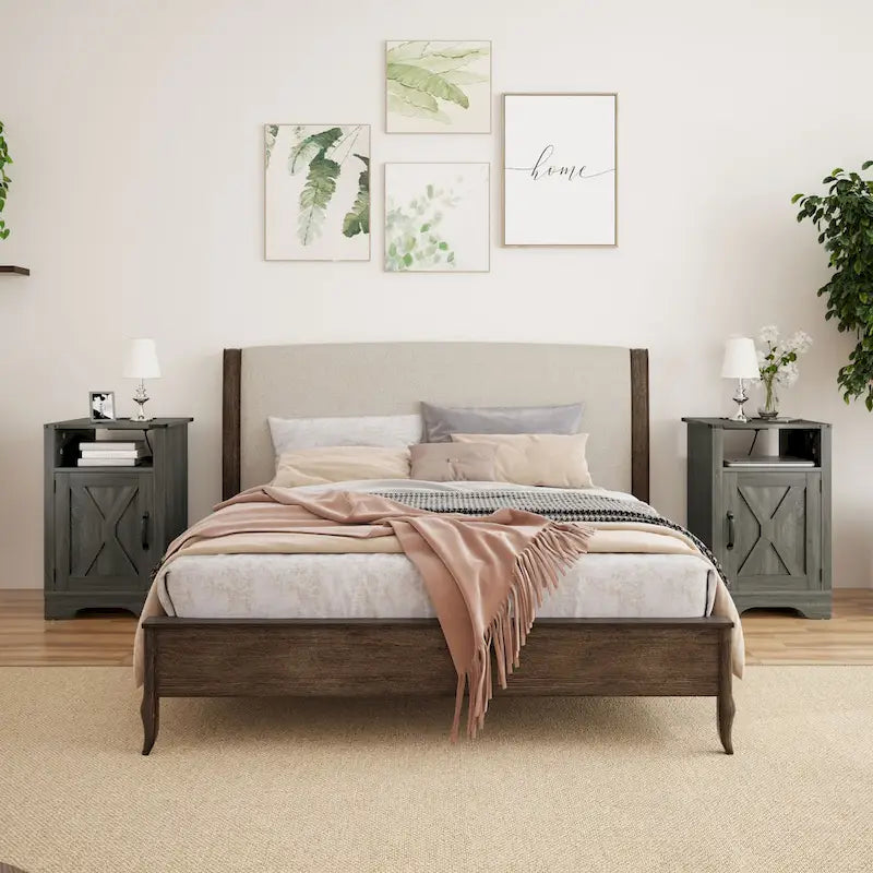 Comodino Barn Door con Stazione di Ricarica, Set da 2 – Bianco/Espresso, Mandorla, Grigio Carbone, Bianco, Nero