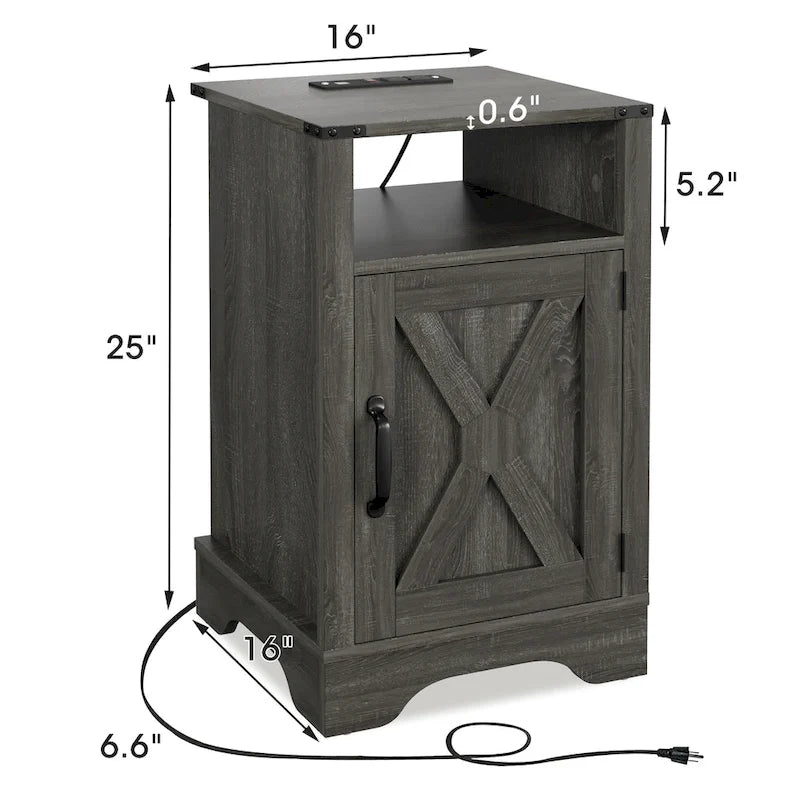 Comodino Barn Door con Stazione di Ricarica, Set da 2 – Bianco/Espresso, Mandorla, Grigio Carbone, Bianco, Nero