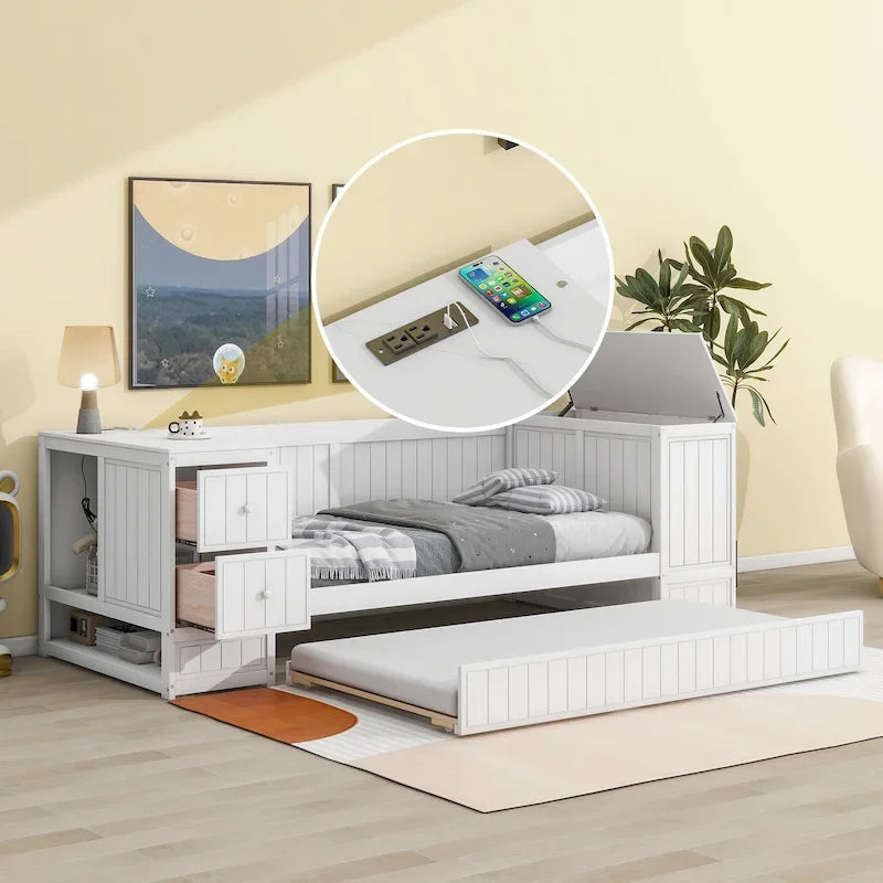 Divano letto gemello grigio/bianco con contenitore, estraibile, per 1-2 persone