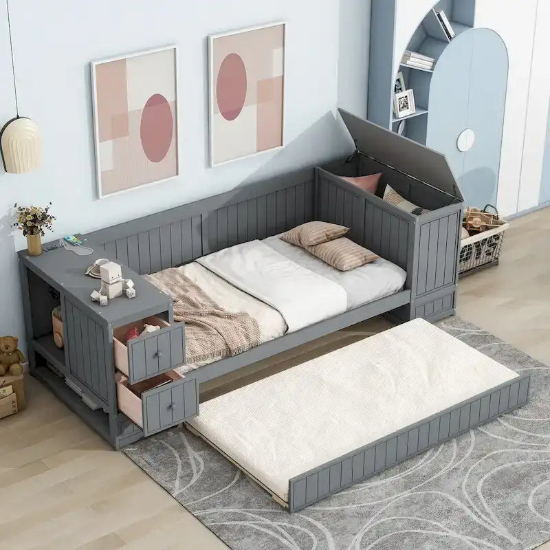 Divano letto gemello grigio/bianco con contenitore, estraibile, per 1-2 persone