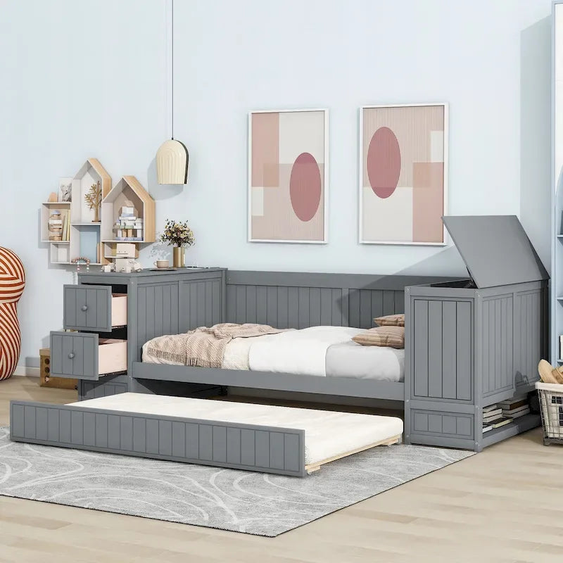 Divano letto gemello grigio/bianco con contenitore, estraibile, per 1-2 persone