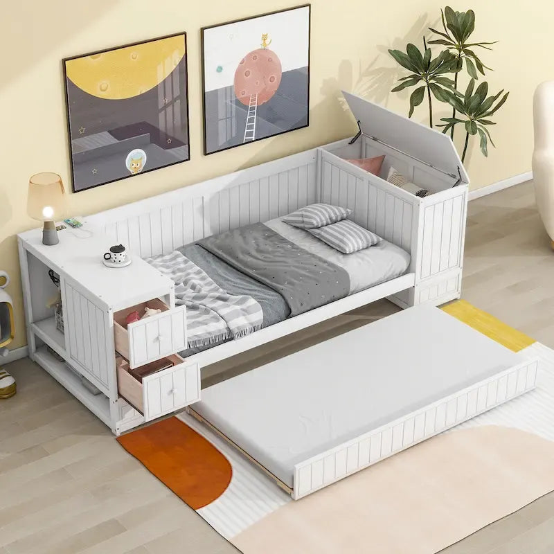 Divano letto gemello grigio/bianco con contenitore, estraibile, per 1-2 persone