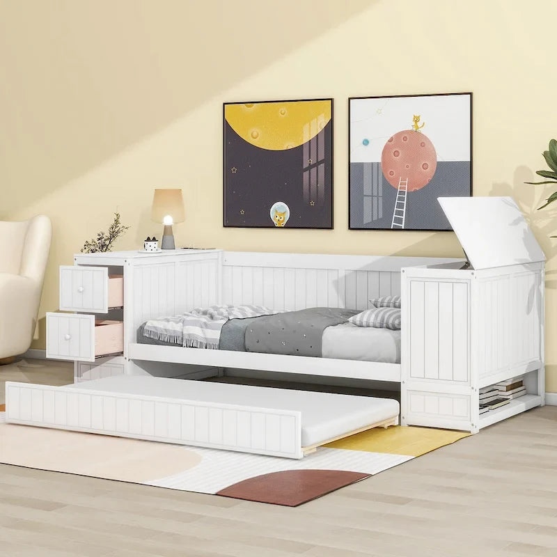 Divano letto gemello grigio/bianco con contenitore, estraibile, per 1-2 persone