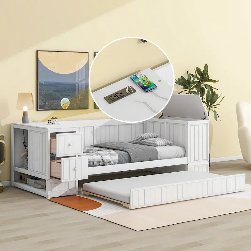 Divano letto gemello grigio/bianco con contenitore, estraibile, per 1-2 persone
