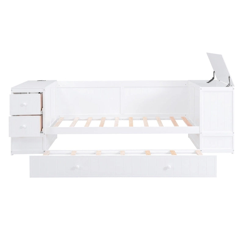 Divano letto gemello grigio/bianco con contenitore, estraibile, per 1-2 persone